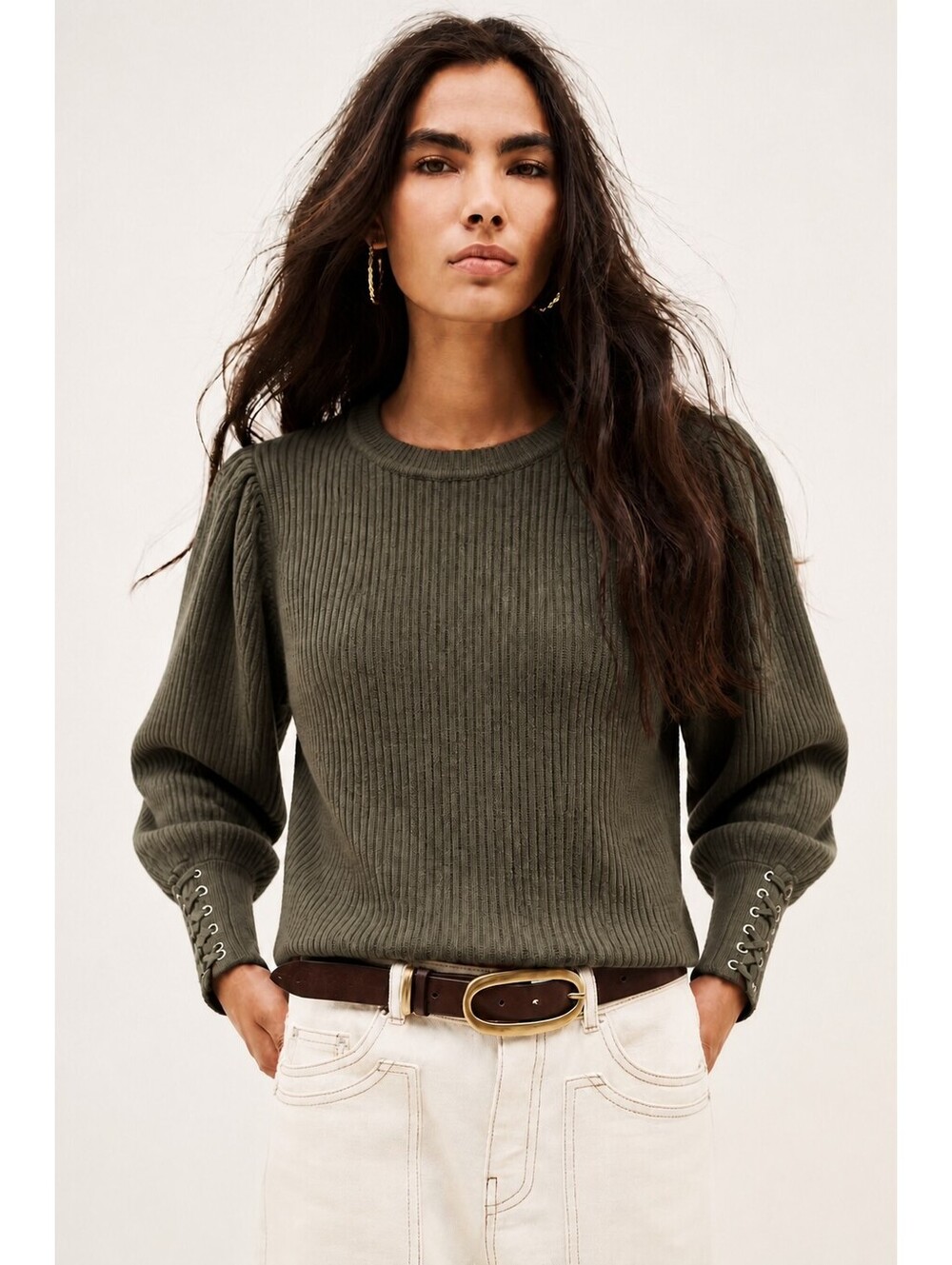 Ba&sh Zelie Lace-Up Ribbed Wool Blend Sweater Size M